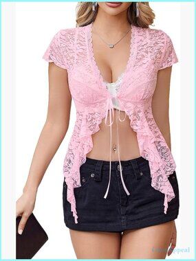 Sheer Lace Crop Top Shrug Short Sleeve Tie Front Y2K Bolero